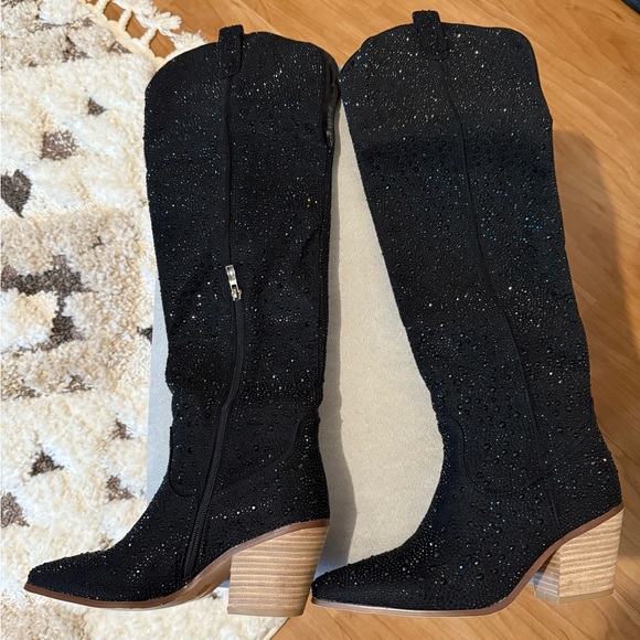 NWOT Women’s Black Above The Knee Rhinestone Cowgirl Boots Size 6 - Picture 3 of 9